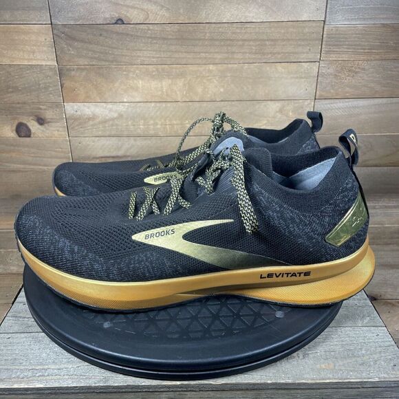 Brooks Womens 12 Shoes Levitate 4 Black Gold Victory Running Trainer NO INSOLES - Picture 3 of 10